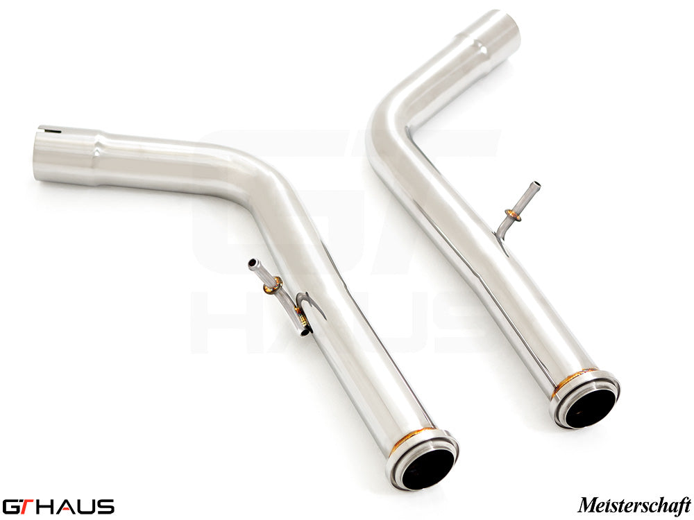 Stainless steel down pipes for 2019+ Mercedes-Benz G63 AMG, designed for secondary cat-delete performance enhancement.