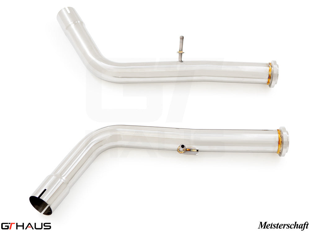 Stainless steel downpipe for 2019+ Mercedes-Benz G63 AMG, designed for secondary cat-delete, enhancing performance.