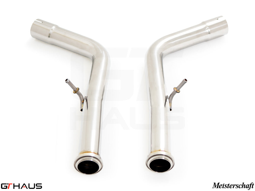 Stainless steel down pipes for 2019+ Mercedes-Benz G63 AMG, designed for secondary cat-delete performance enhancement.