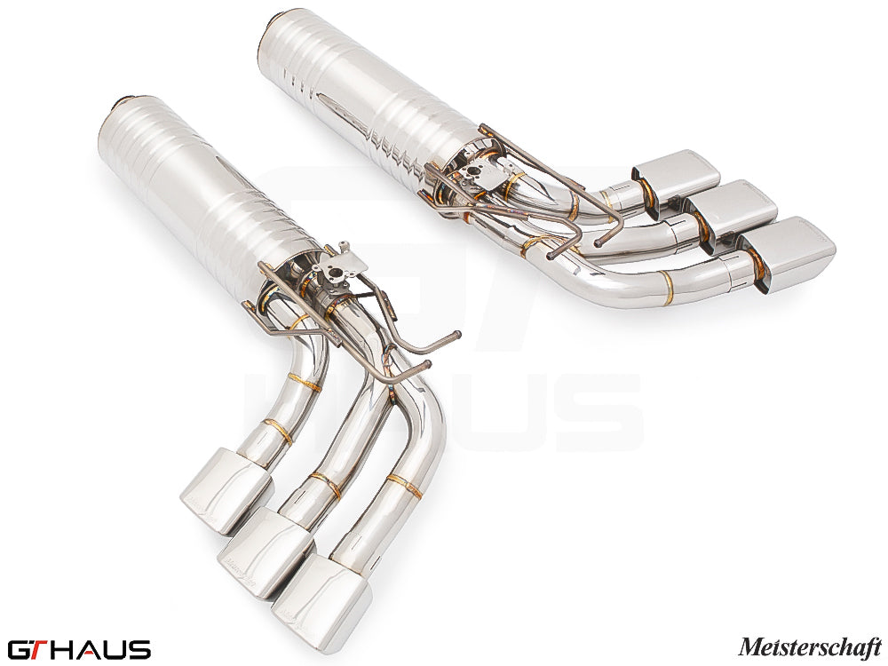 Premium exhaust system for 2019+ Mercedes-Benz W463 G-Class G63 AMG, featuring stainless steel construction and quad tips.
