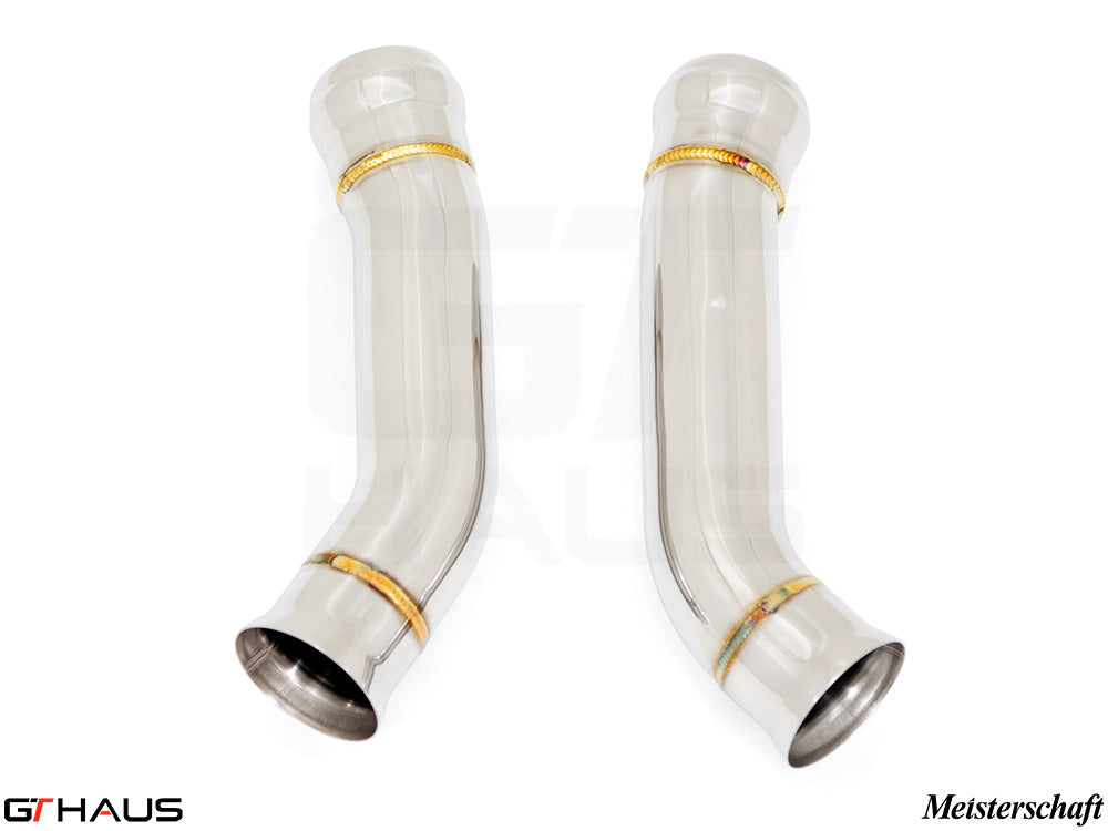 Mercedes-Benz X290 GT Class Sedan 2019+ downpipe for secondary cat-delete, featuring polished stainless steel construction.