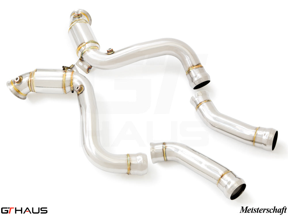 Premium down pipes for 2019+ Mercedes-Benz X290 GT Class Sedan with OBD2 and 400 CEL sport cats for enhanced performance.