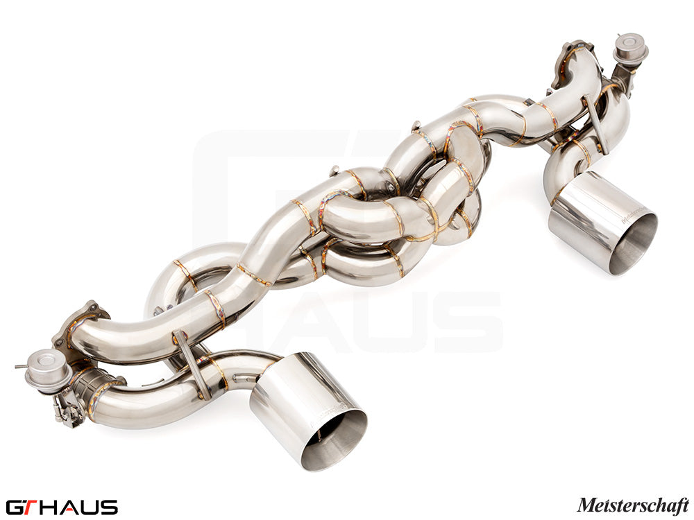 Premium Meisterschaft exhaust system for Porsche 718 Boxster GTS/Spyder, featuring polished stainless steel and dual tips.