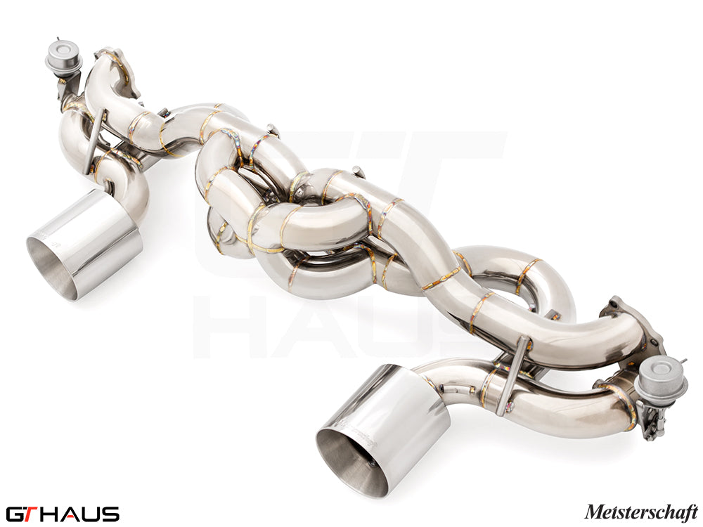 Premium Meisterschaft exhaust system for Porsche 718 Boxster GTS/Spyder, featuring T304 stainless steel and electronic valve control.