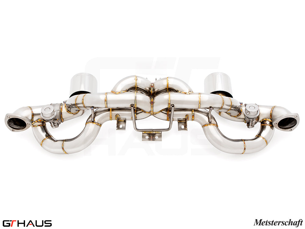 Premium exhaust system for Porsche 718 Cayman GT4RS, featuring stainless steel construction and precision welding.