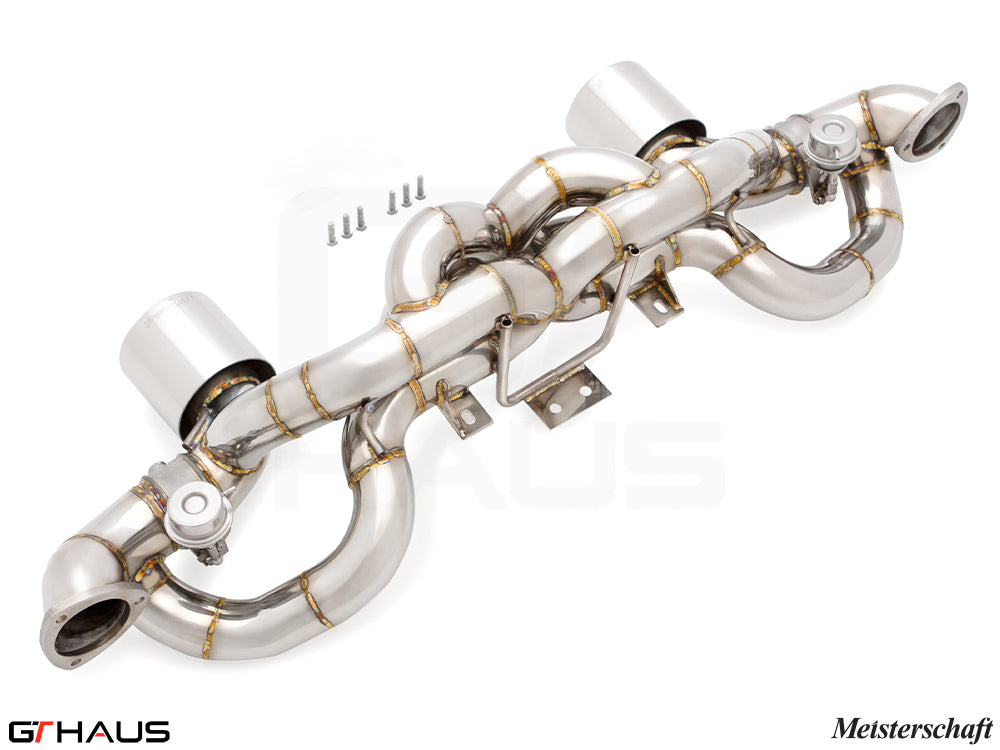 Premium Meisterschaft exhaust system for Porsche 718 Cayman GT4RS, crafted from stainless steel for enhanced performance.