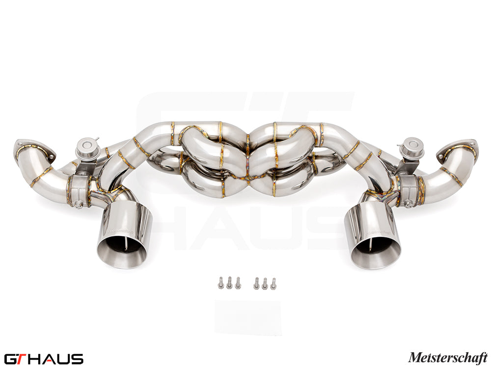 Premium Meisterschaft exhaust system for Porsche 718 Cayman GT4RS, featuring T304 stainless steel construction and dual tips.