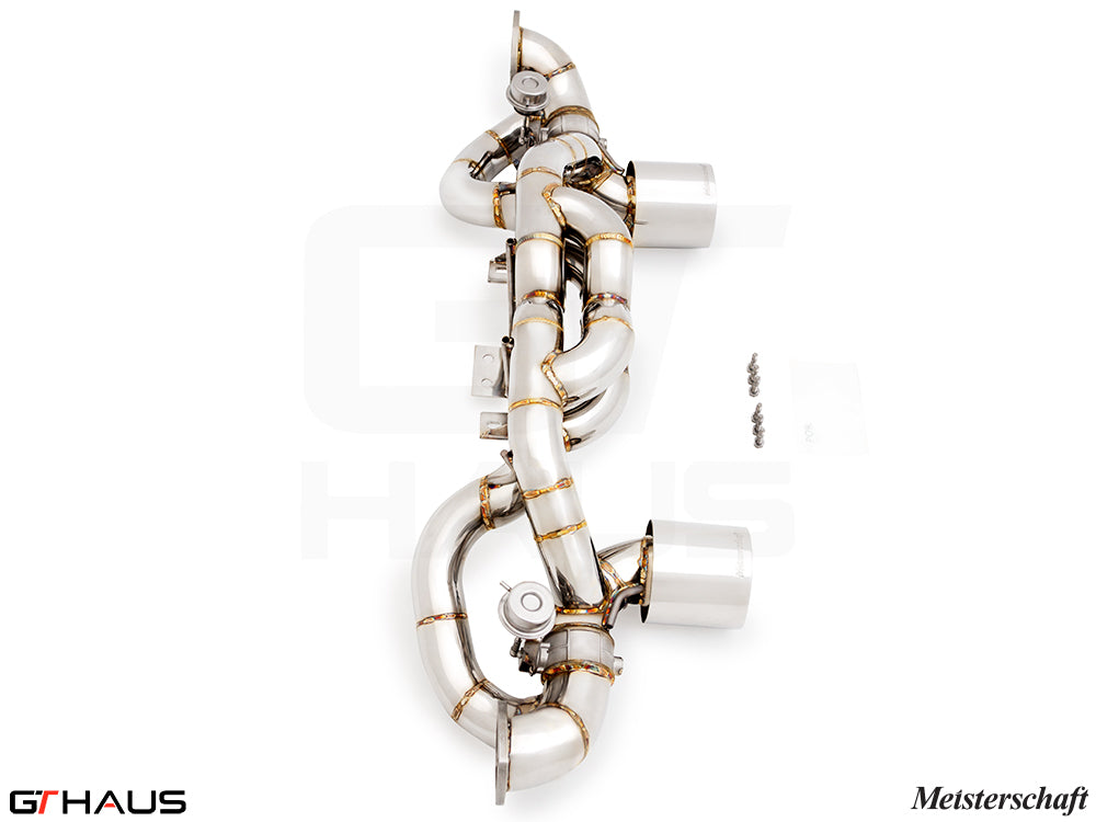 Premium Meisterschaft exhaust system for Porsche 718 Cayman GT4RS, featuring T304 stainless steel construction and electronic valve control.