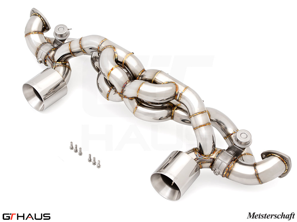 Premium stainless steel exhaust system for Porsche 718 Cayman GT4RS, featuring dual tips and intricate weld design.