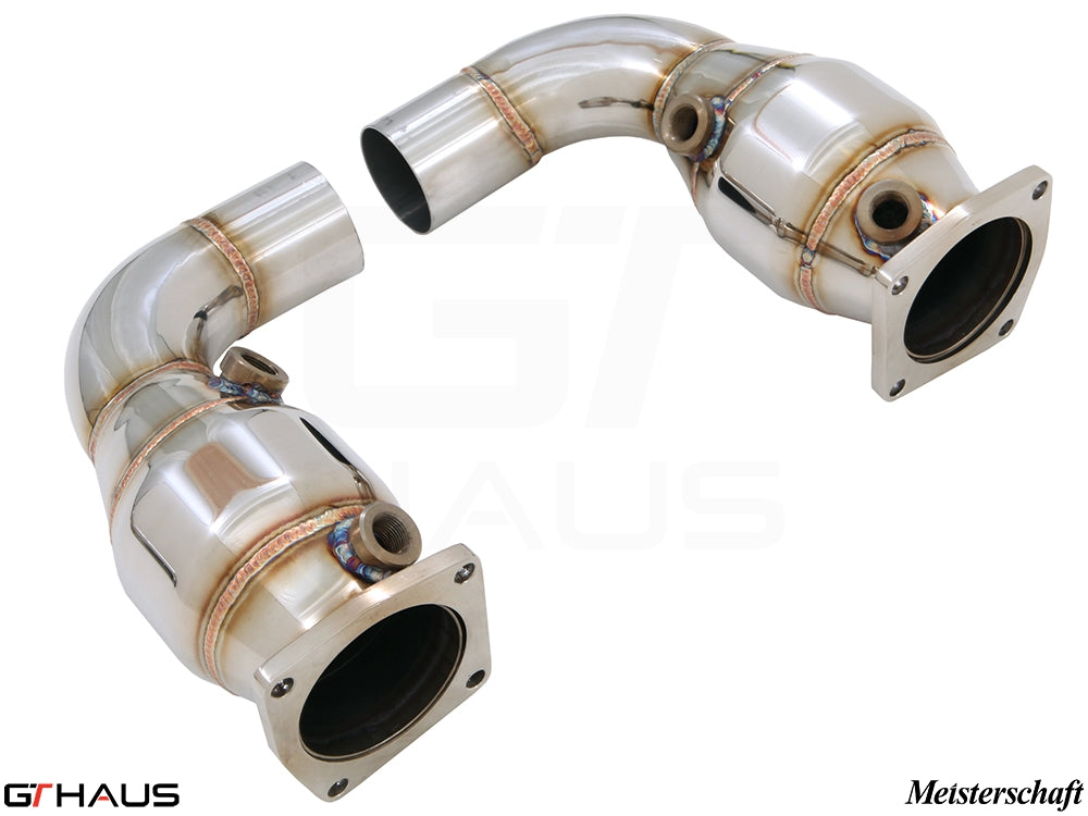 Premium down pipes for Porsche 911 (991 Chassis) 2012+, featuring OBD2 and 400 CEL sport cats for enhanced performance.