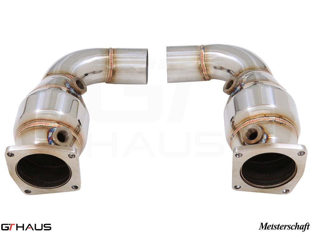 Porsche 911 (991 Chassis) 2012+ down pipes with OBD2 and 400 CEL sport cats for enhanced performance.