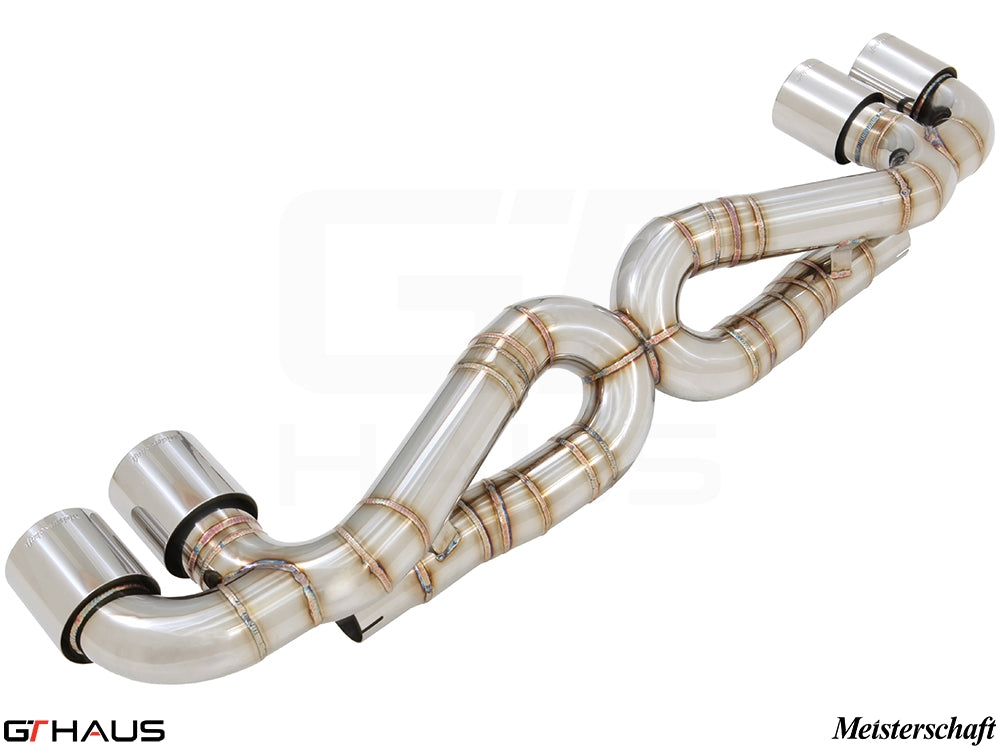 Premium Meisterschaft exhaust system for Porsche 911 Turbo/Turbo S (991) featuring stainless steel construction.