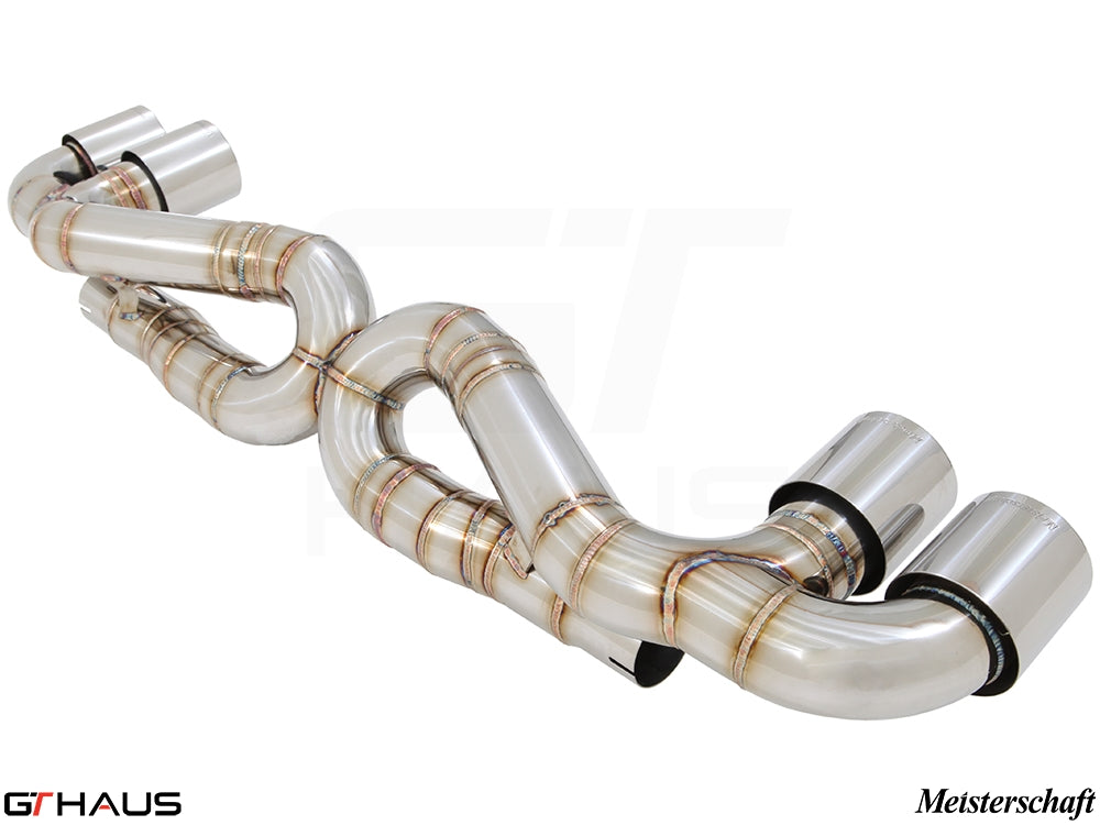 Premium performance exhaust system for Porsche 911 Turbo and Turbo S (991 chassis) featuring stainless steel construction.