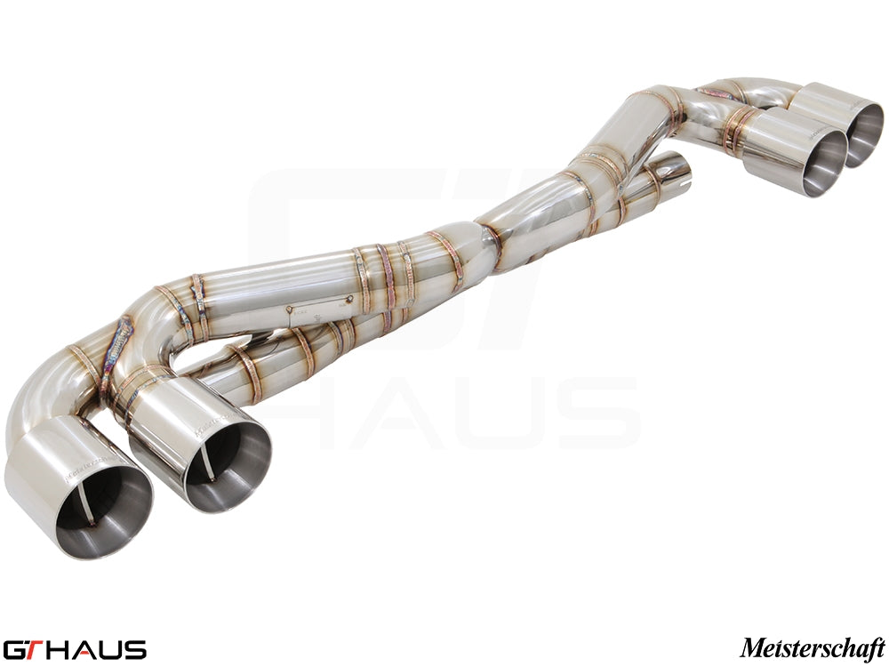 Premium performance exhaust system for Porsche 911 Turbo/Turbo S (991 chassis) featuring stainless steel construction and quad tips.