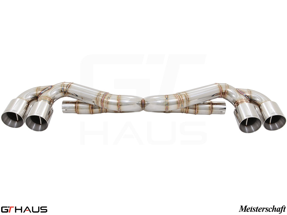Premium exhaust system for Porsche 911 Turbo/Turbo S (991 chassis) featuring stainless steel construction and dual tips.