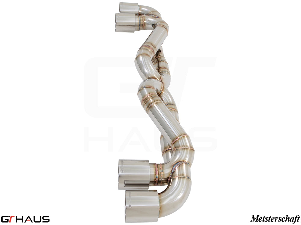 Premium performance exhaust system for Porsche 911 Turbo and Turbo S, featuring high-quality stainless steel construction.