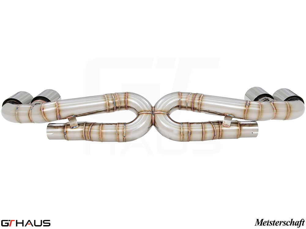 Premium performance exhaust system for Porsche 911 Turbo/Turbo S (991 chassis) featuring stainless steel construction.