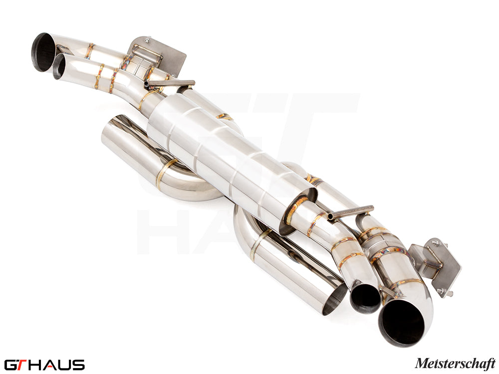 Premium Meisterschaft exhaust system for Porsche 911 (992) Carrera models, featuring stainless steel construction and sleek design.