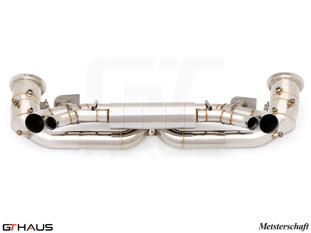 Premium performance exhaust system for Porsche 911 (992) Carrera models, featuring stainless steel construction and dual tips.