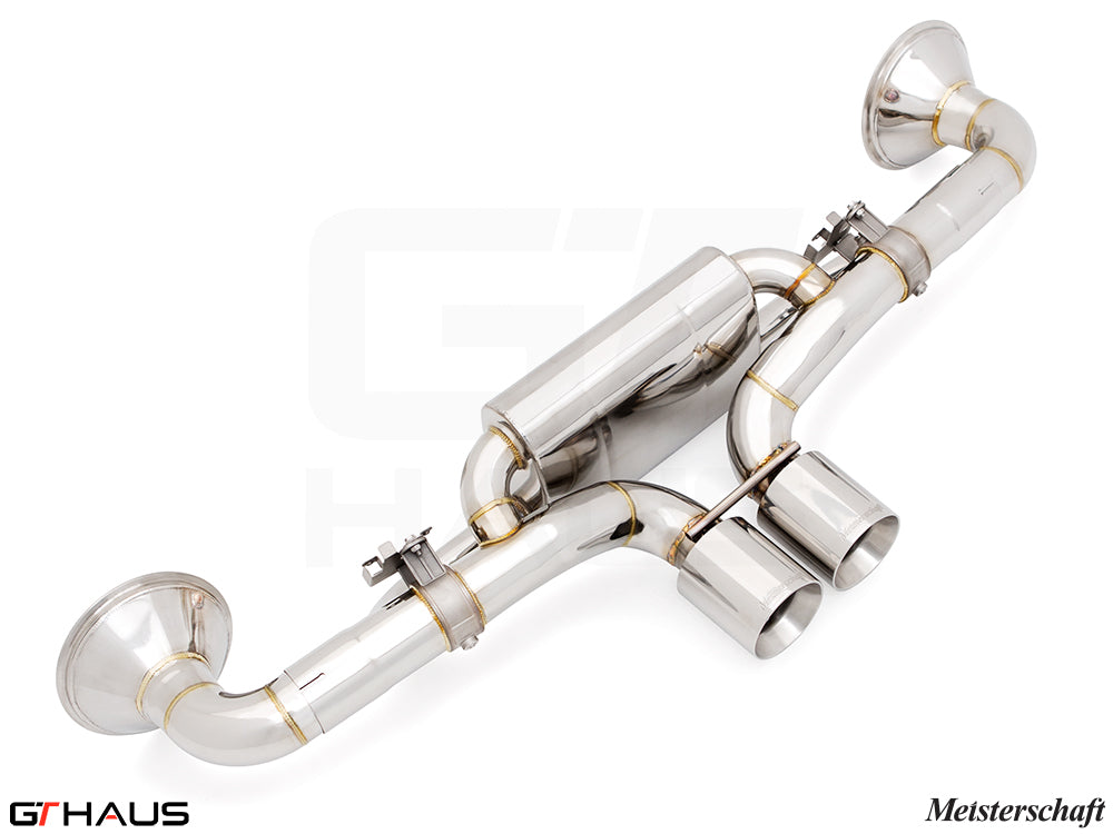 Premium exhaust system for Porsche 911 GT3RS/ST (992 Chassis) featuring stainless steel construction and dual tips.
