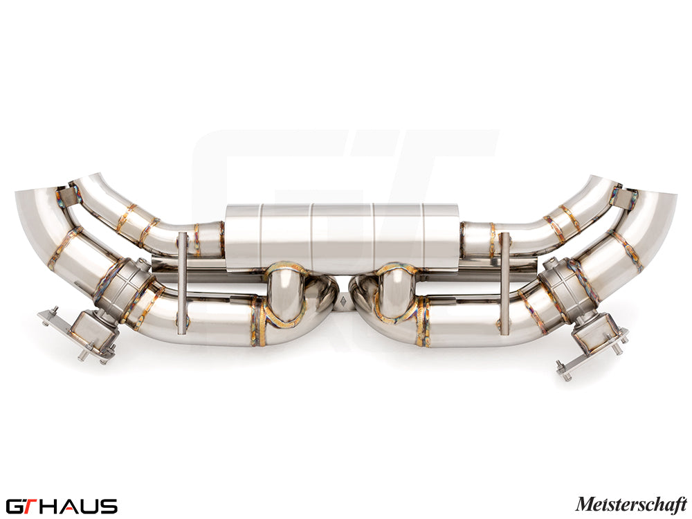 Premium performance exhaust system for Porsche 911 (992 Chassis) GTS, featuring stainless steel construction and electronic valve control.