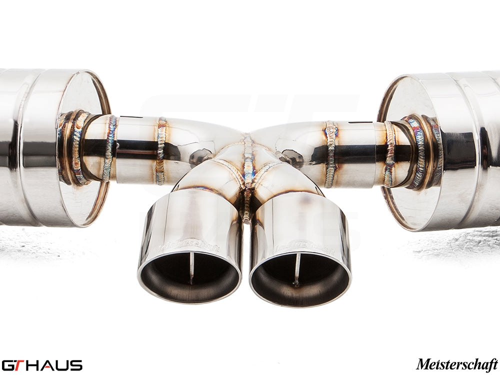 Premium exhaust system for Porsche 987 Boxster, featuring polished stainless steel tips and precision welds.