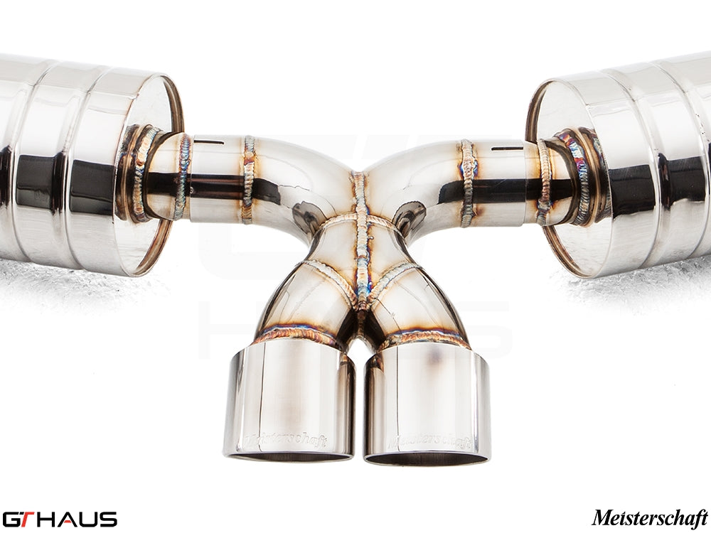 Premium exhaust system for Porsche 987 Cayman/S, featuring polished stainless steel construction and precision welding.