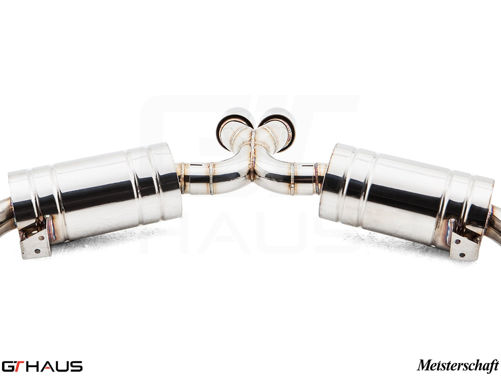 Premium performance exhaust system for Porsche 987 Cayman/S (2006-2008) featuring polished stainless steel construction.