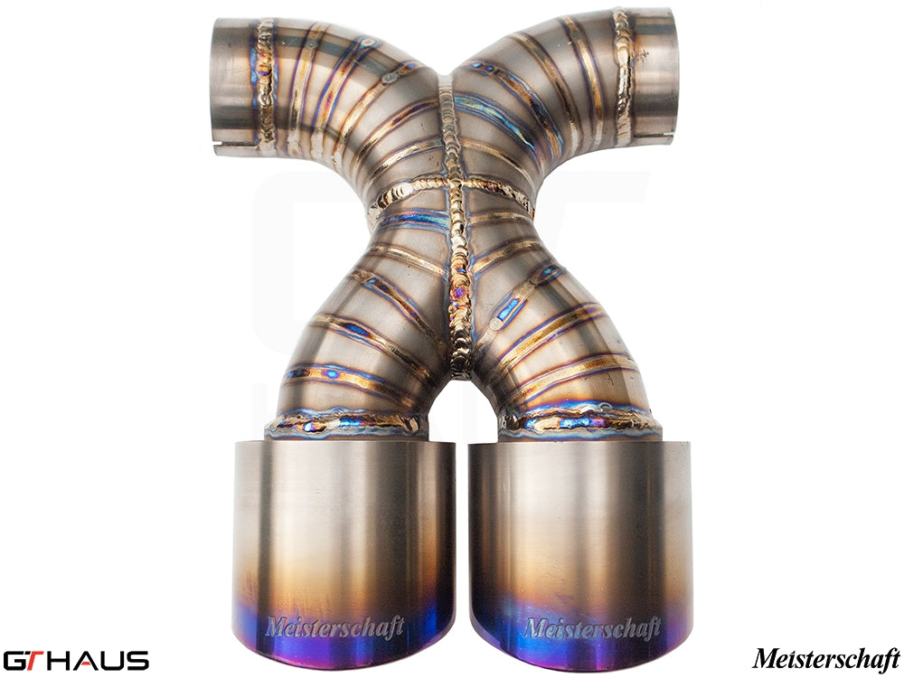 Premium exhaust system for Porsche 987 Cayman/S, featuring hand-crafted stainless steel construction and dual tips.