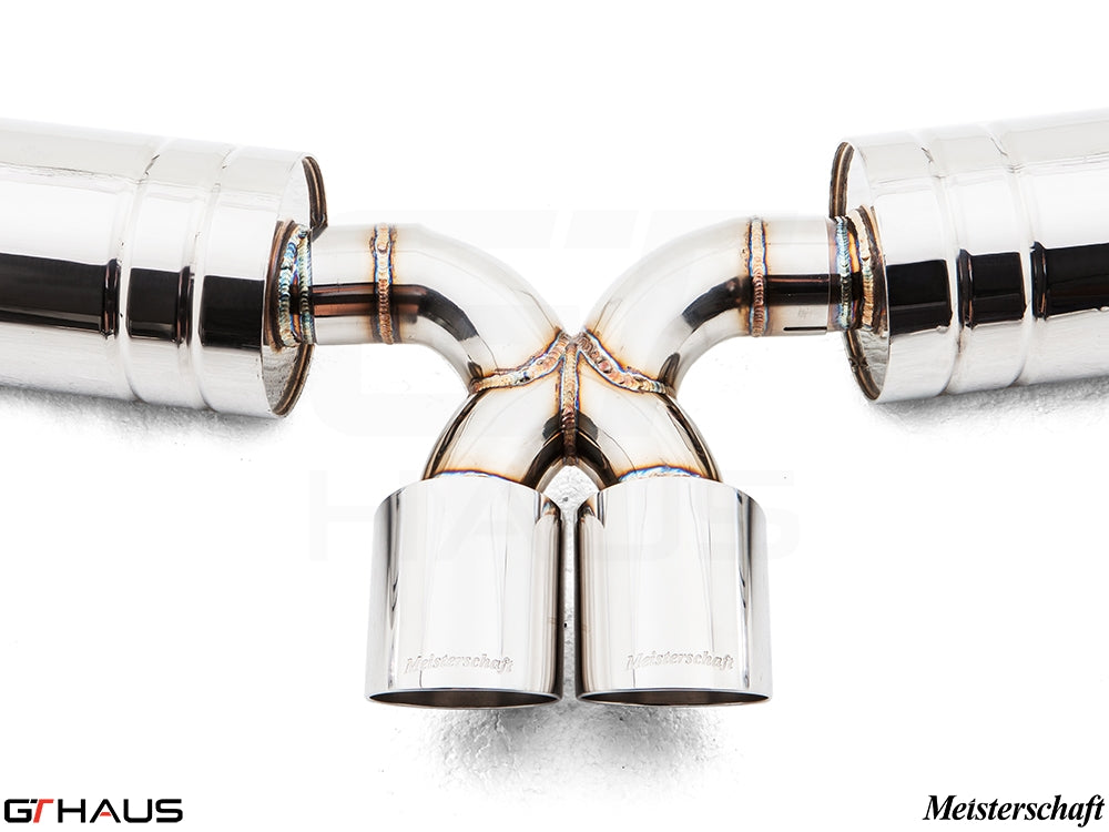 Premium Meisterschaft exhaust system for Porsche 987.2 Boxster/S/RS, featuring polished stainless steel tips and dual outlets.