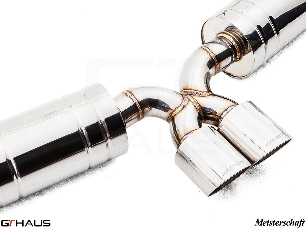 Premium exhaust system for Porsche 987.2 Boxster/S/RS featuring polished stainless steel and dual tips.