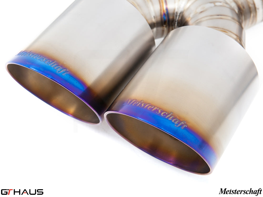 Premium Meisterschaft exhaust tips for Porsche 987.2 Boxster/S/RS, featuring a polished finish and vibrant blue accents.