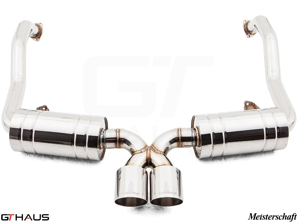 Premium exhaust system for Porsche 987.2 Cayman PDK, featuring polished stainless steel and dual tips for enhanced performance.