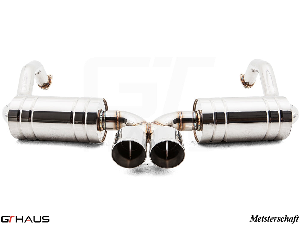 Premium exhaust system for Porsche 987.2 Cayman PDK, featuring polished stainless steel construction and dual tips.