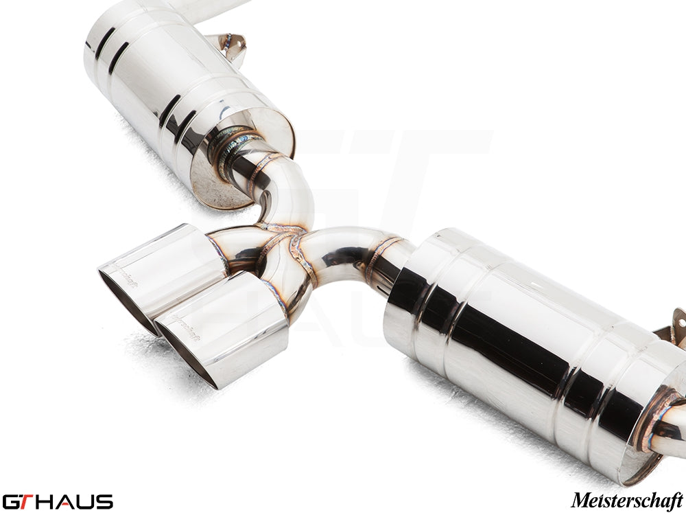 Premium exhaust system for Porsche 987.2 Cayman PDK, featuring polished stainless steel and dual tips for enhanced performance.