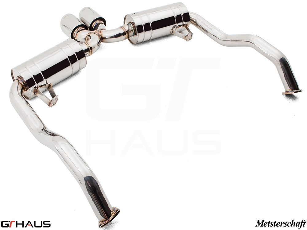 Premium exhaust system for Porsche 987.2 Cayman PDK, featuring polished stainless steel construction for enhanced performance.