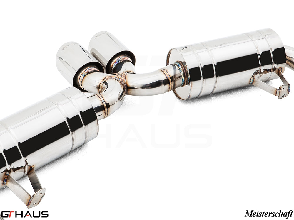 Premium exhaust system for Porsche 987.2 Cayman PDK, featuring polished stainless steel construction and dual tips.