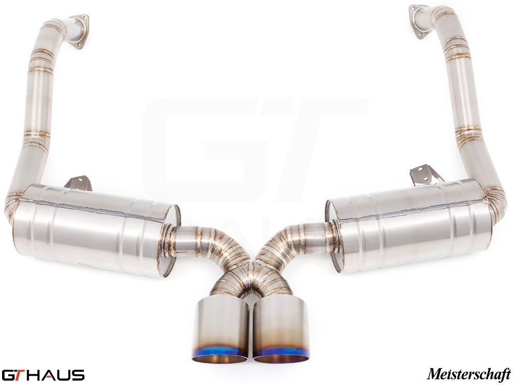 Premium Meisterschaft exhaust system for Porsche 987.2 Cayman PDK, featuring dual tips and stainless steel construction.