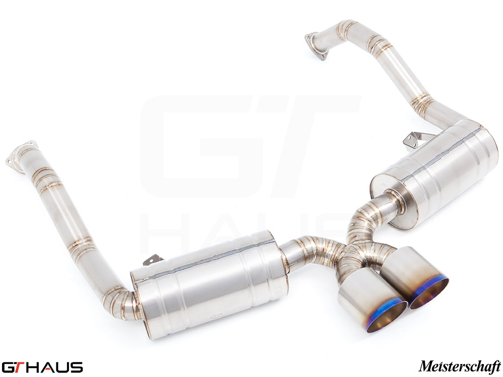 Premium exhaust system for Porsche 987.2 Cayman PDK, featuring stainless steel construction and dual tips.
