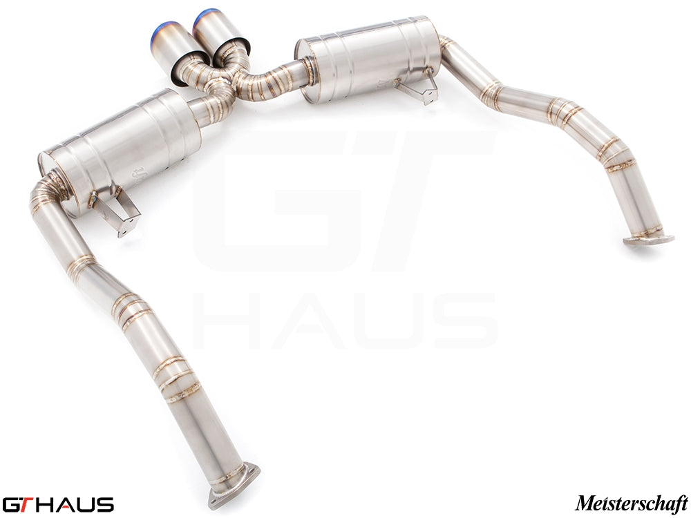Premium performance exhaust system for Porsche 987.2 Cayman PDK, featuring stainless steel construction and dual tips.