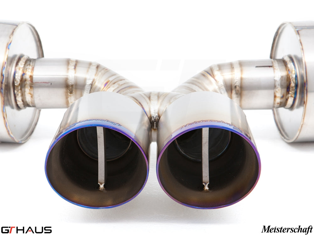 Premium exhaust tips for Porsche 987.2 Cayman PDK, showcasing high-quality stainless steel craftsmanship.