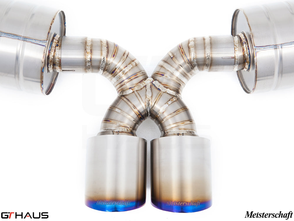 Premium exhaust system for Porsche 987.2 Cayman PDK, featuring dual tips and high-quality stainless steel construction.