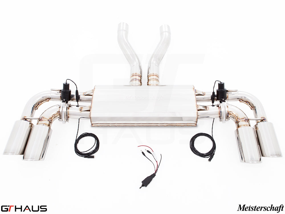 Premium exhaust system for 2011+ Porsche Cayenne V8 models, featuring electronic valve control and stainless steel construction.