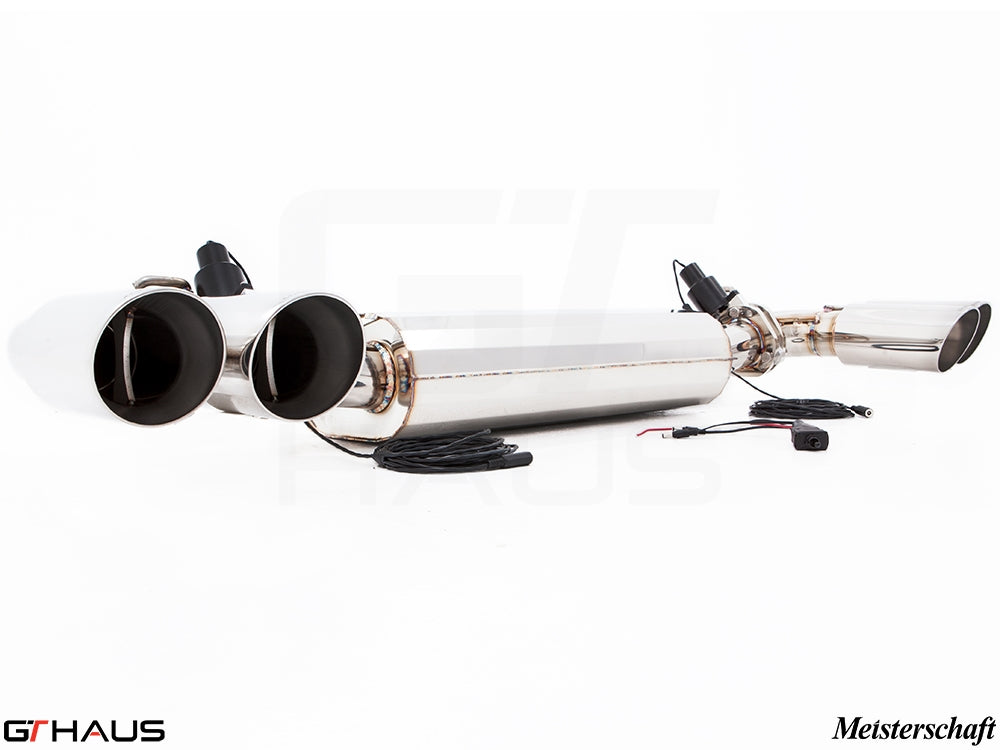 Premium performance exhaust system for Porsche Cayenne V8 (2011+) with electronic valve control and stainless steel finish.