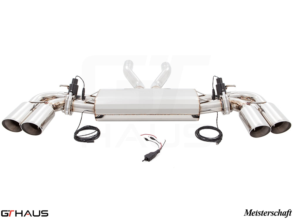 Premium Meisterschaft exhaust system for Porsche Cayenne V6 3.6L, featuring dual tips and electronic valve control.