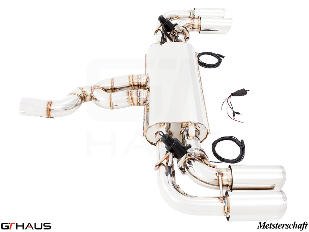 Premium performance exhaust system for 2015+ Porsche Cayenne TDI, featuring stainless steel construction and electronic valve control.