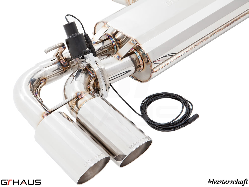 Premium exhaust system for Porsche Cayenne V6 Turbo Diesel, featuring electronic valve control and polished stainless steel tips.