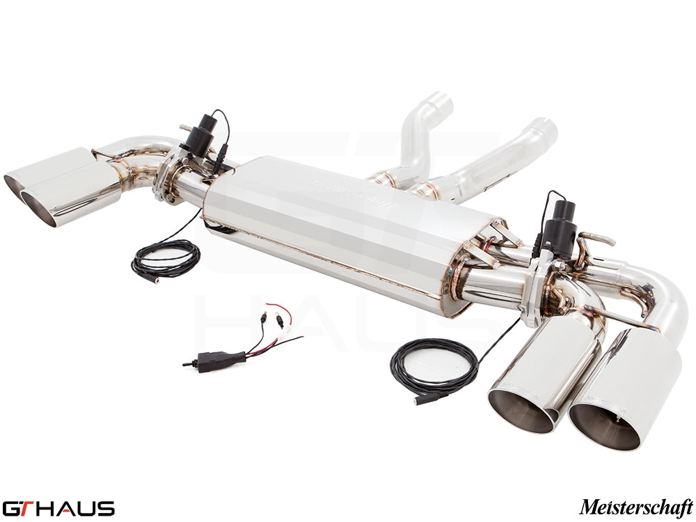 Premium exhaust system for 2015+ Porsche Cayenne V6 3.6L, featuring polished stainless steel and electronic valve control.