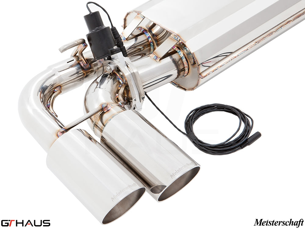 Premium Meisterschaft exhaust system for 2015+ Porsche Cayenne V6 3.6L, featuring polished stainless steel tips and electronic valve control.