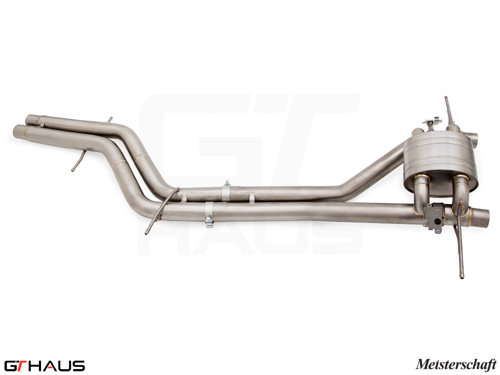 Premium exhaust system for 2022-2023 Porsche Cayenne Turbo GT, featuring T304 stainless steel and electronic valve control.
